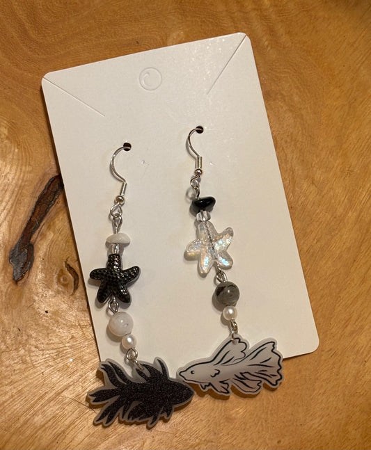 Black and white fish earrings